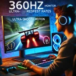 Profesyonel bir oyuncunun 360Hz monitör kullanırken odaklanmış hali.webp