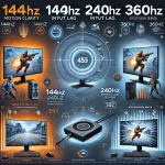 144Hz, 240Hz ve 360Hz monitörlerin avantajlarını anlatan detaylı bir infografik.webp